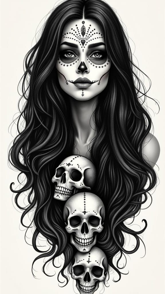 Surreal La Catrina Portrait Tattoo in Dot Work and Line Art....
