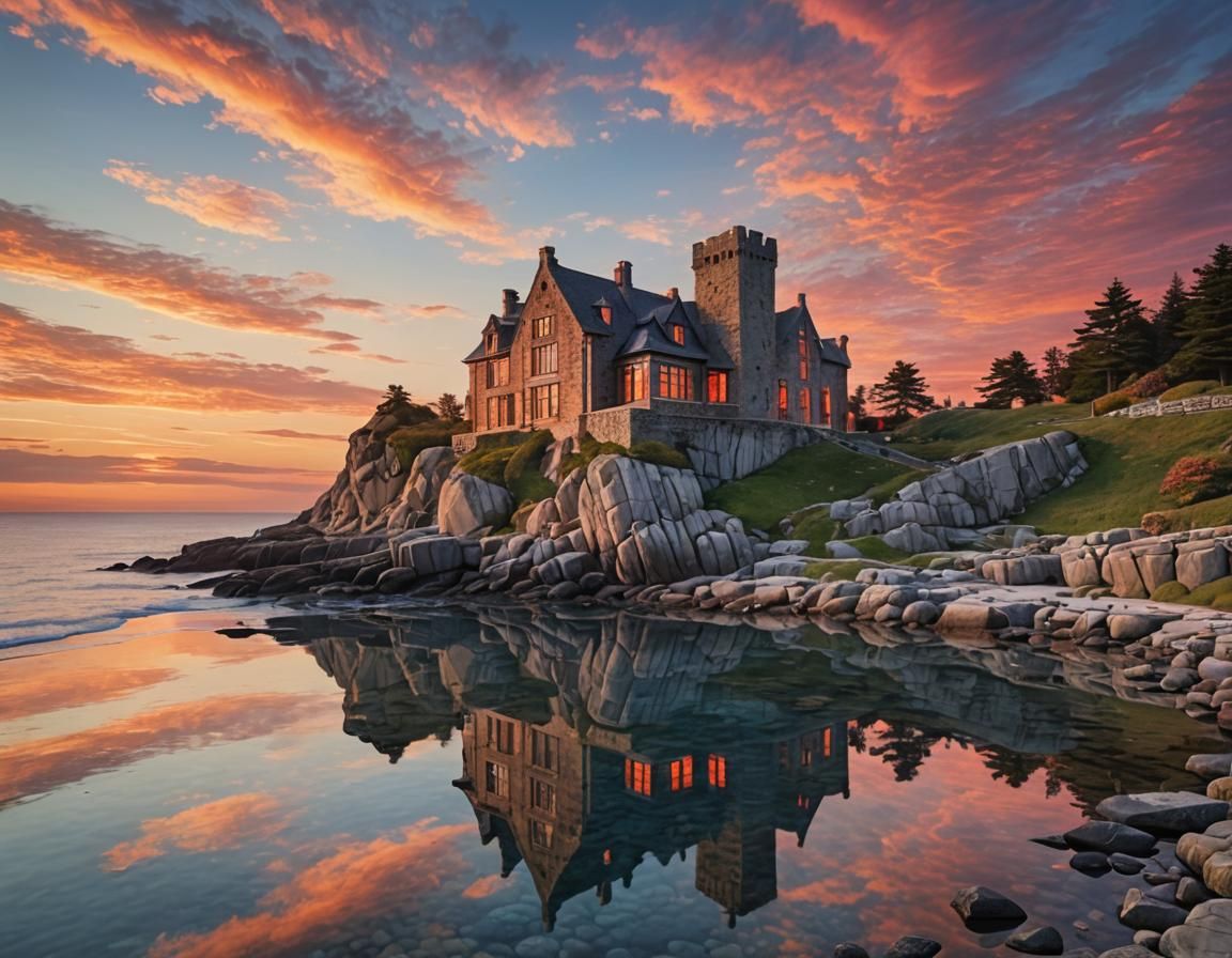 Seaside Stone Manor at Sunset