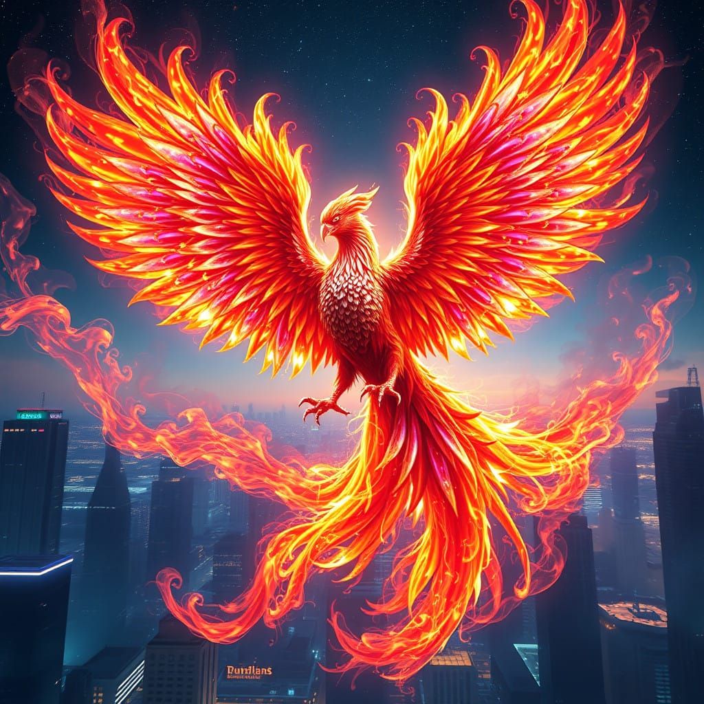 Fiery Phoenix Ascends into Futuristic Cityscape