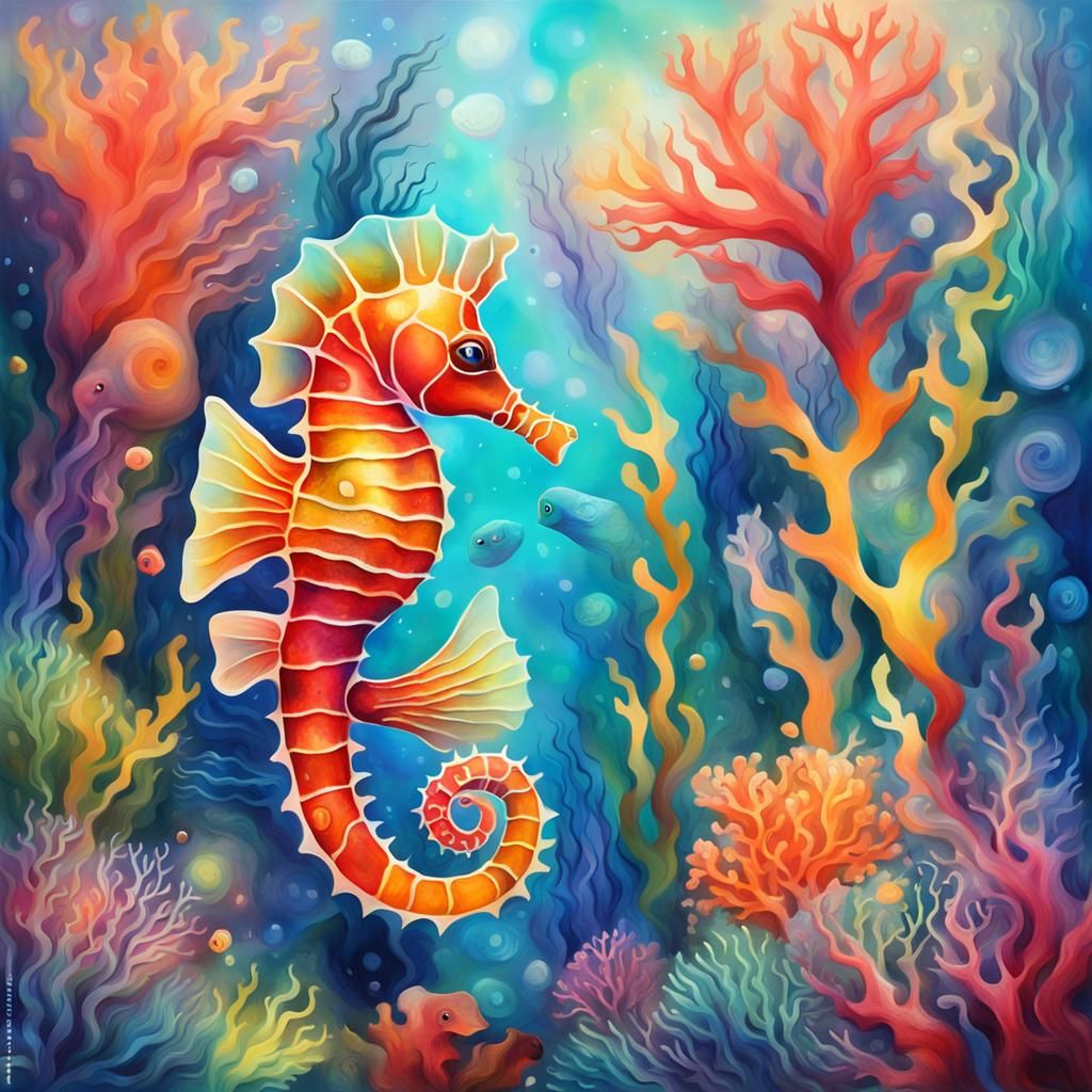 Translucent Seahorse in Colorful Underwater Landscape