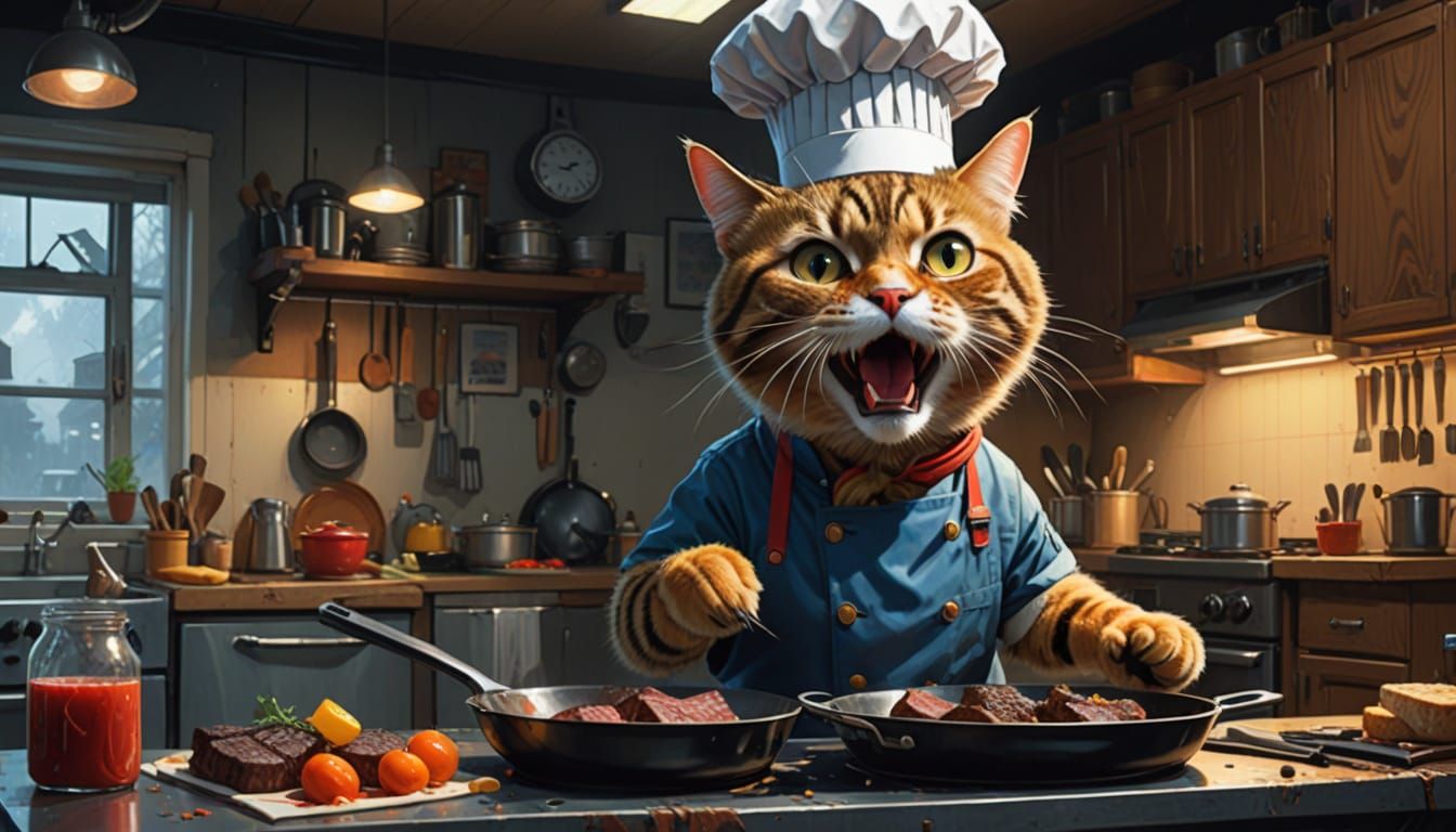 Amazed Feline Chef in the Kitchen