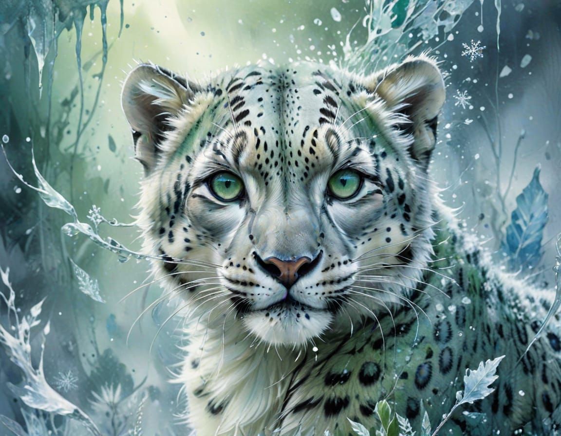 Whimsical Green Eye Snow Leopard Cub in Enchanting Winter Wo...