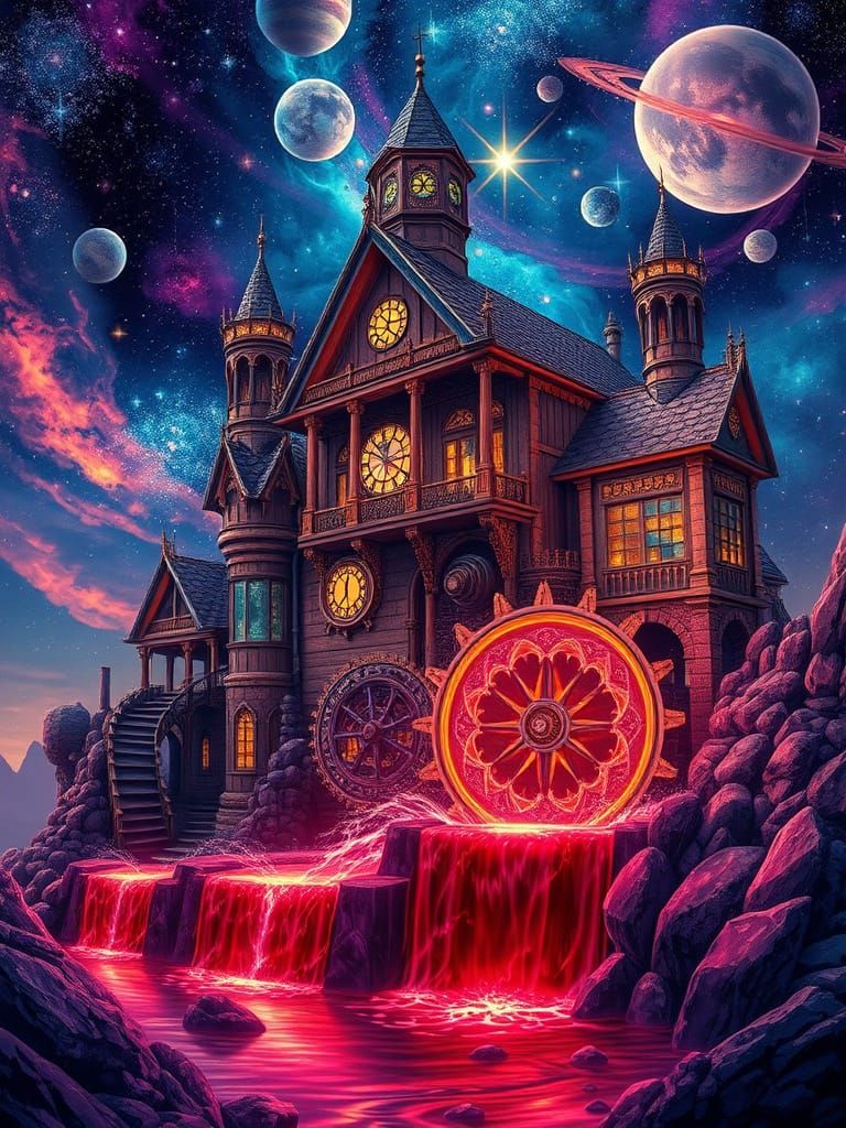 Whimsigoth Water Mill in a Cosmic Landscape