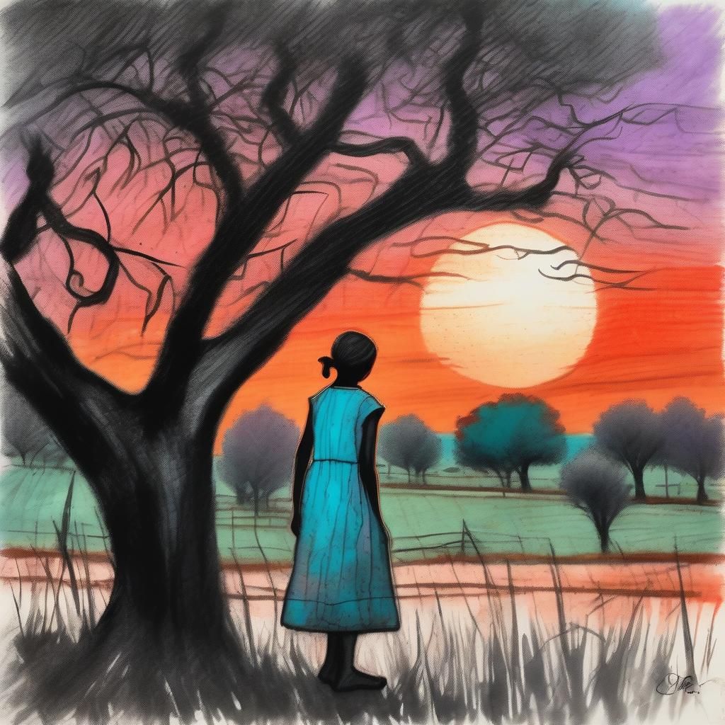 Farm Girl in Sunset Shade: Impressionist Gouache Painting