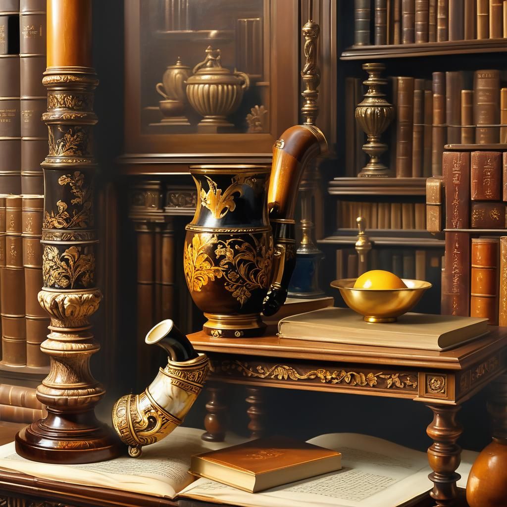 Luxurious Marble Pipe Still Life in Oil Painting Style