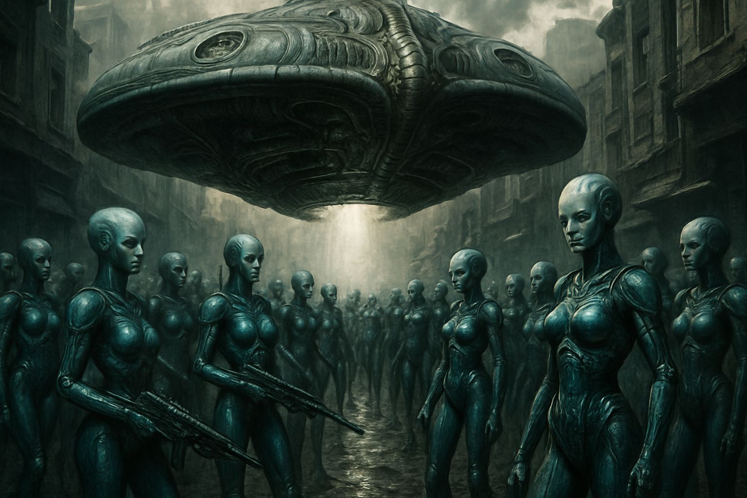 Alien Spaceship Landing in Post-Apocalyptic City