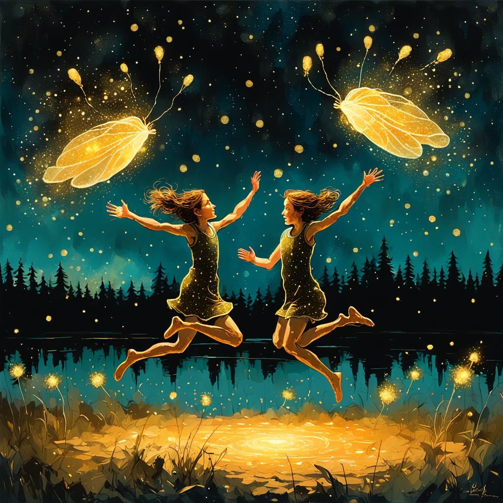 Twins Jumping with Golden Sparkles, Fantasy Style