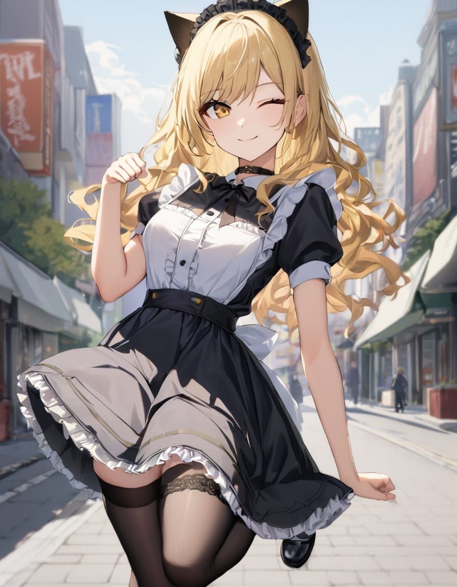 Surreal Maid Girl Poses with Black Cat in City Street Scene