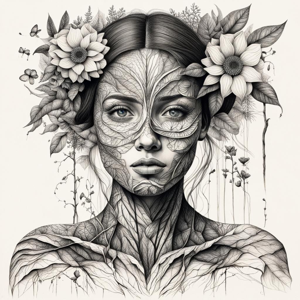 Botanical Ink Drawing of Woman's Figure