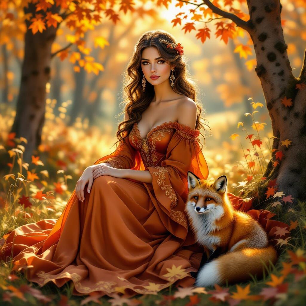 Autumn Woman with Fox in Golden Forest