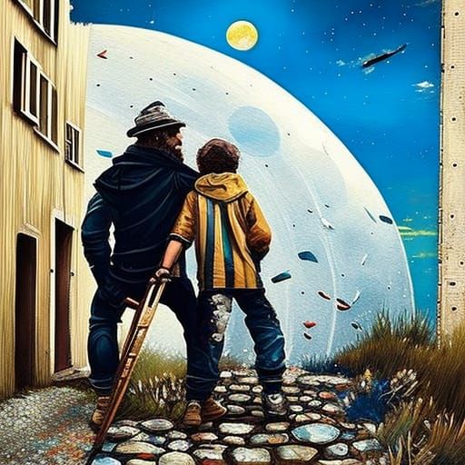 Pixel Moon Painting: Father and Son's Art