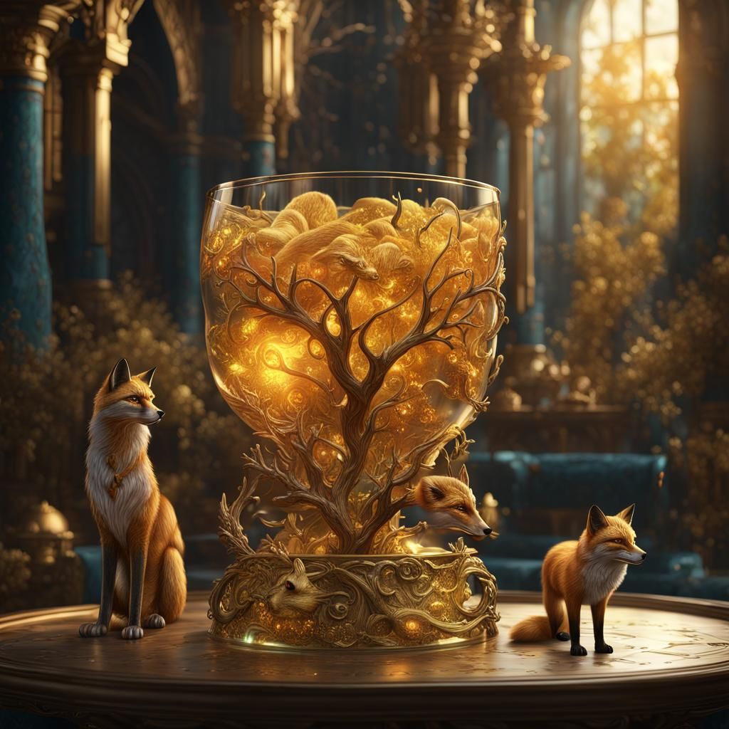 Golden Cat and Fox in Glass: Detailed Matte Painting