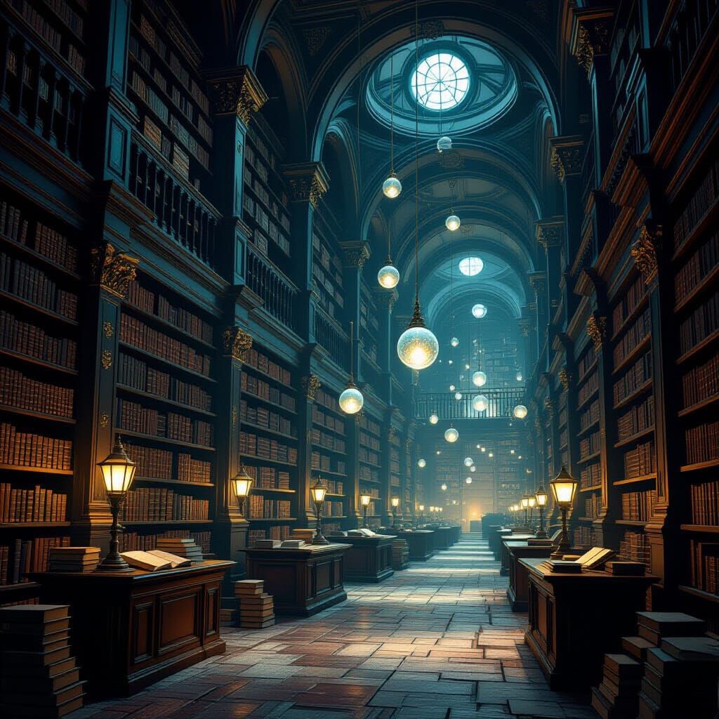 Ethereal Glow in Forgotten Library: Digital Painting
