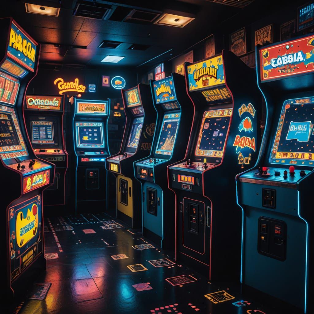 Vibrant 1980s Arcade at Midnight