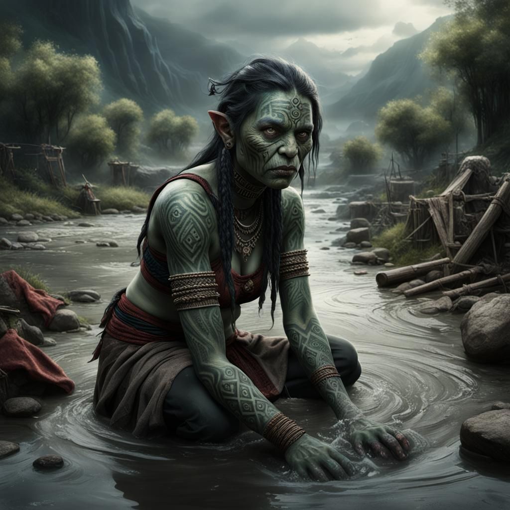 Orc Maiden Washing Laundry: Digital Matte Painting