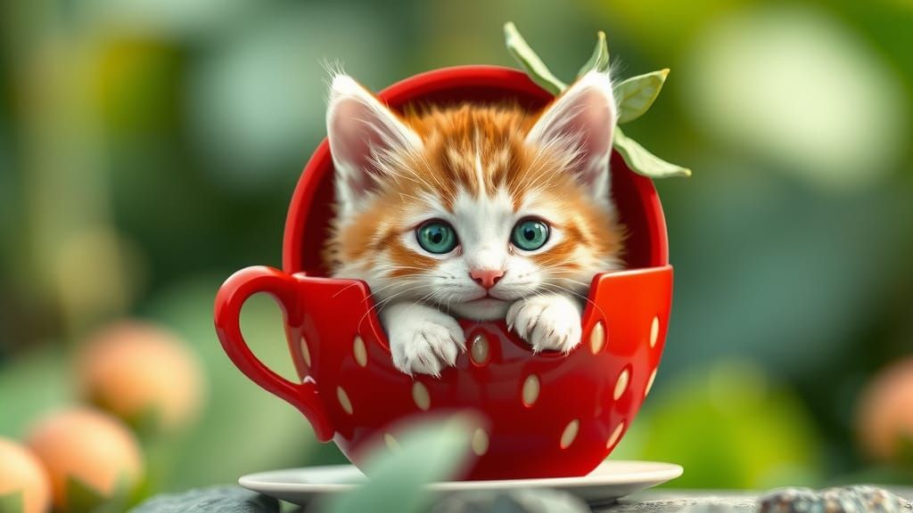 Whimsical Kitten in a Strawberry Teacup
