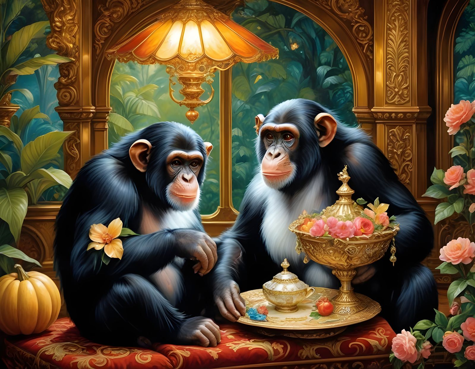 Charming Cartoon Chimpanzee Couple in a Cozy Home