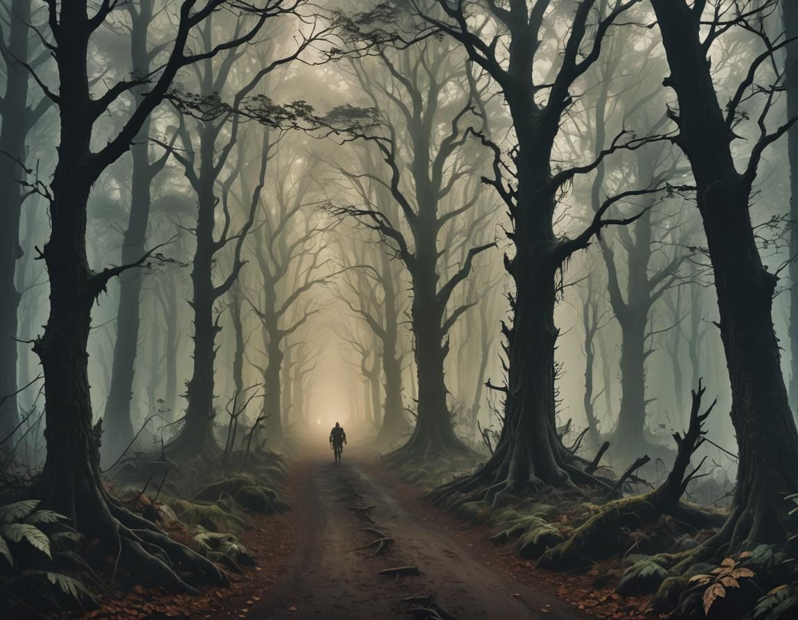 Ominous Forest Path in Dark Fantasy Style