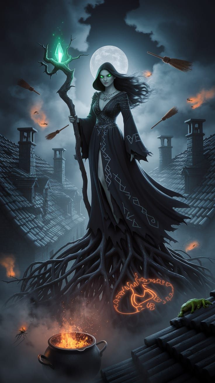 Mystical Witch on Twisted Roots in Eerie Village