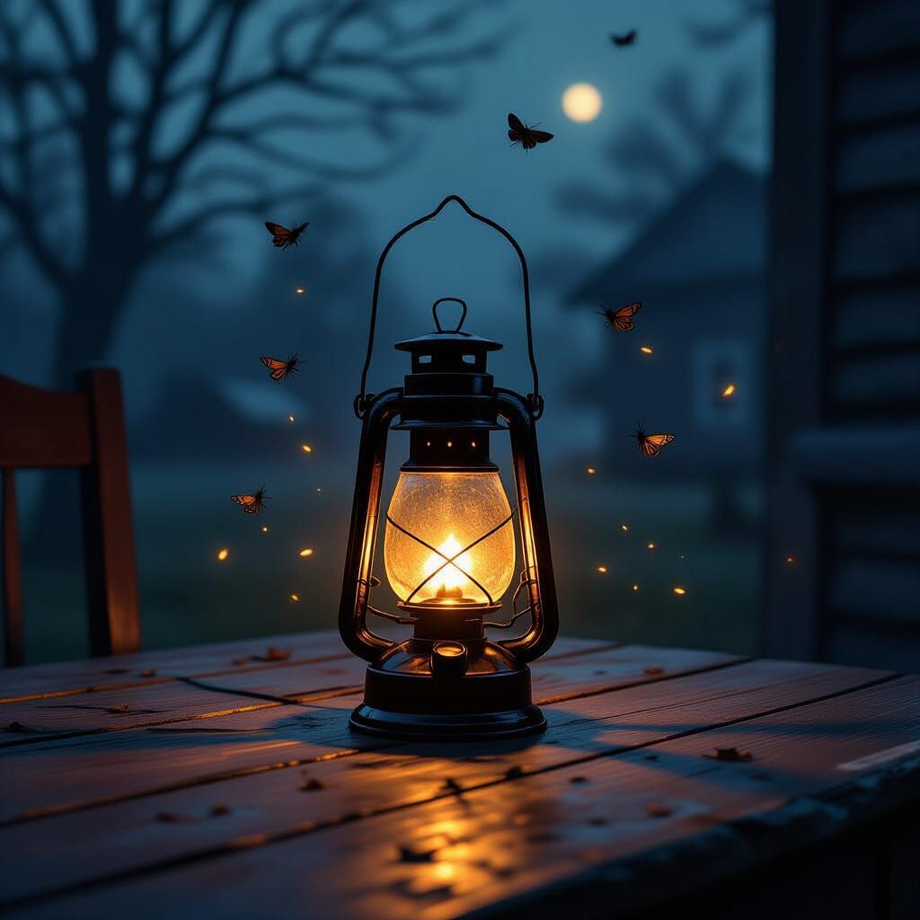 Kerosene Lamp Amidst Gloomy Night: Digital Painting