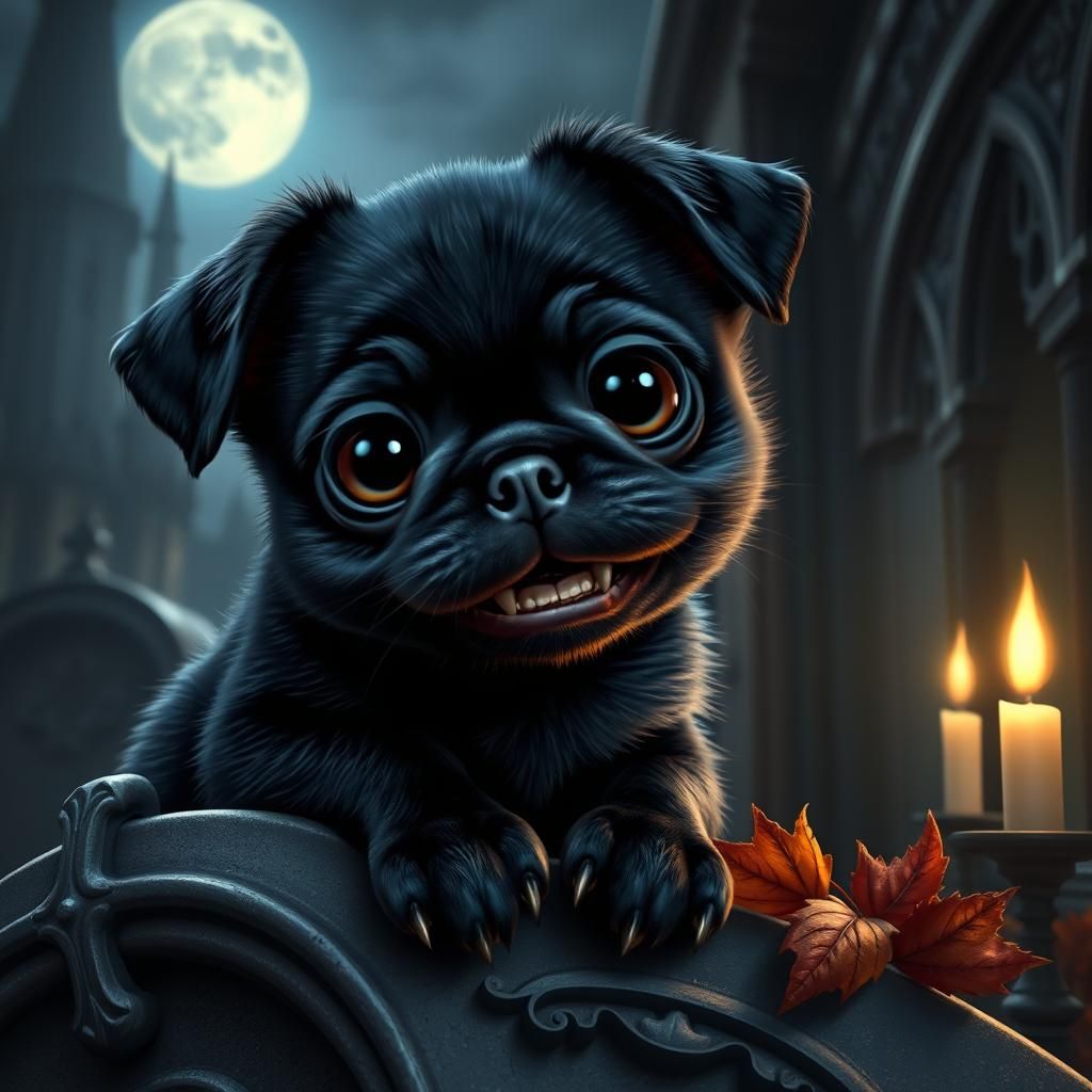 Gothic Pug Puppy with Vampire Fangs