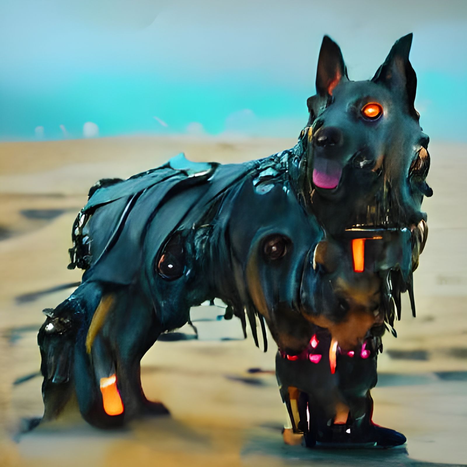 Steampunk Cyberpunk Robotic Dog in Neon Cityscape