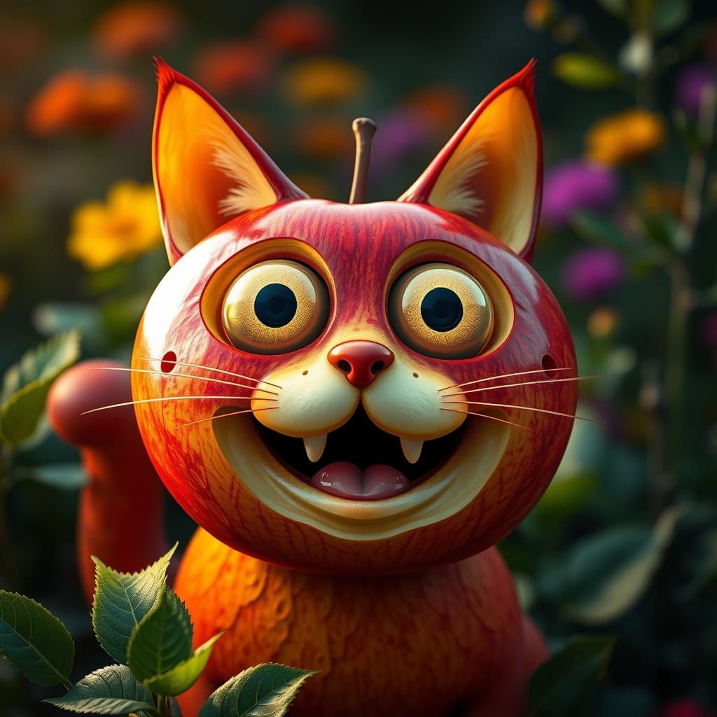 Hyperrealistic Apple Cat in Whimsical Garden Scene