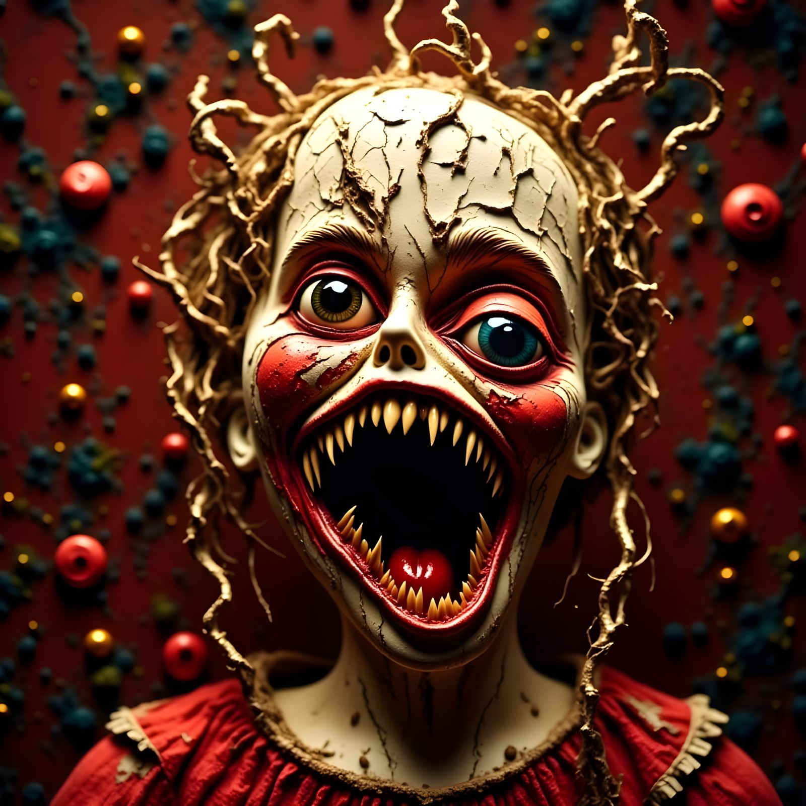 Distorted Antique Doll in Hyperrealistic Splash Art