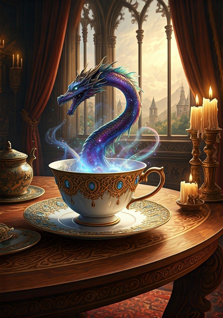Chinese Dragon Emerges from Teacup with Cosmic Liquid