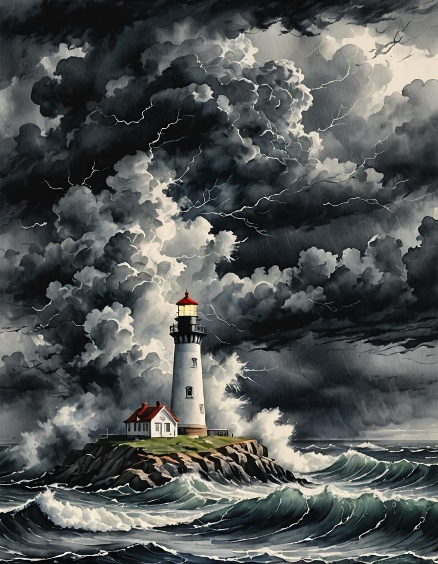 Stormy Lighthouse: Grayscale Watercolor Painting