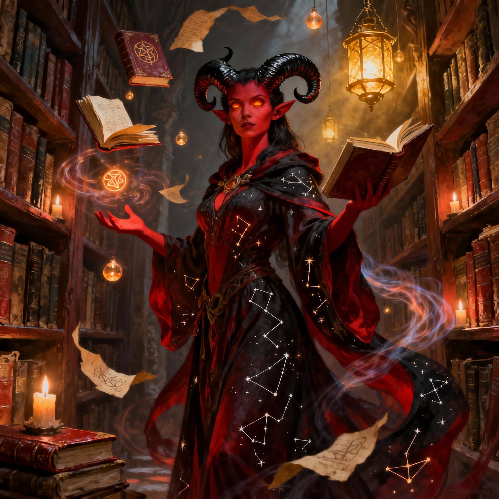 Tiefling Mage Levitating Books in Mystical Library