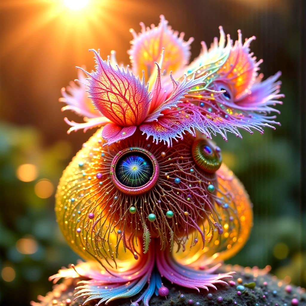 Rainbow Duckling Dances in Intricate Floral Scene