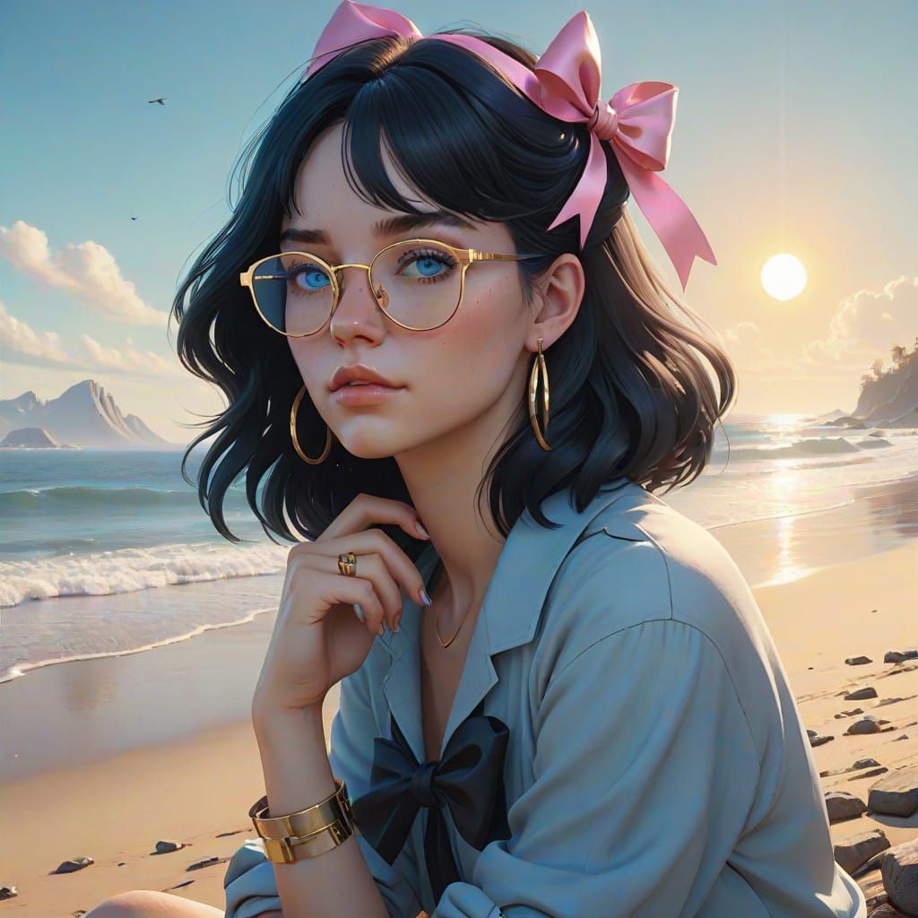 Girl on a Sun-Kissed Beach with Vibrant Dreamlike Scenery