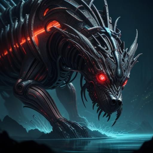 Metallic Dog Creature Swimming in Dark Water