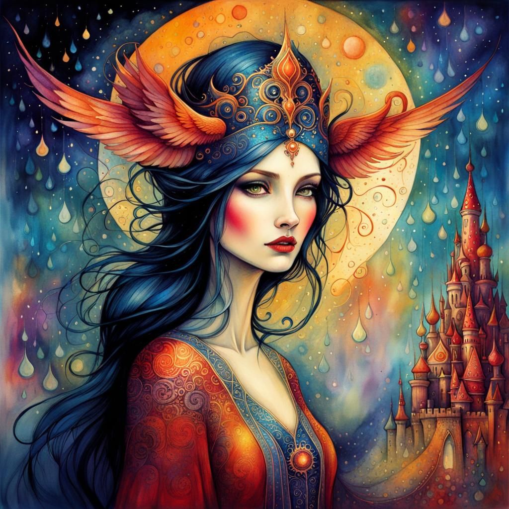 Magical Knight and Castle in Batik Watercolor