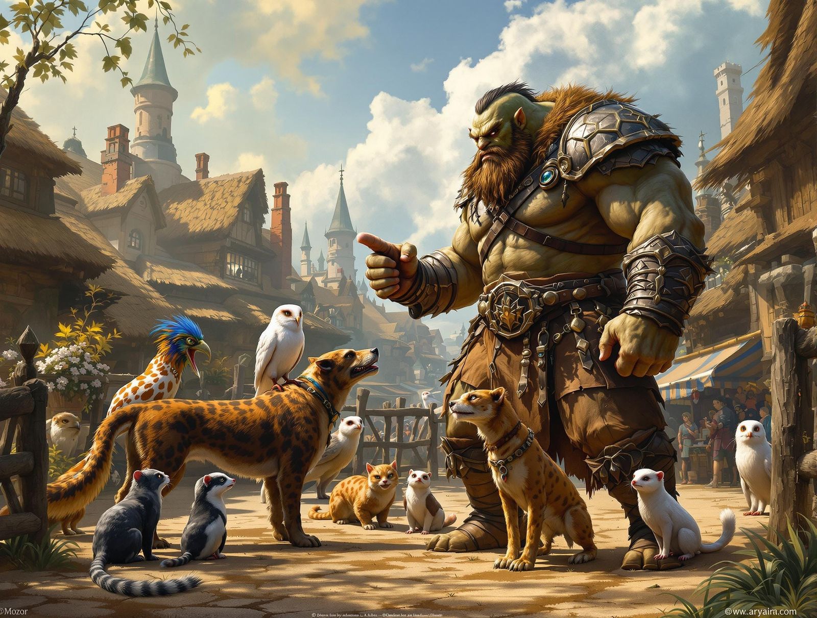 Medieval Orc Trains Exotic Creatures in Bustling Fantasy Tow...