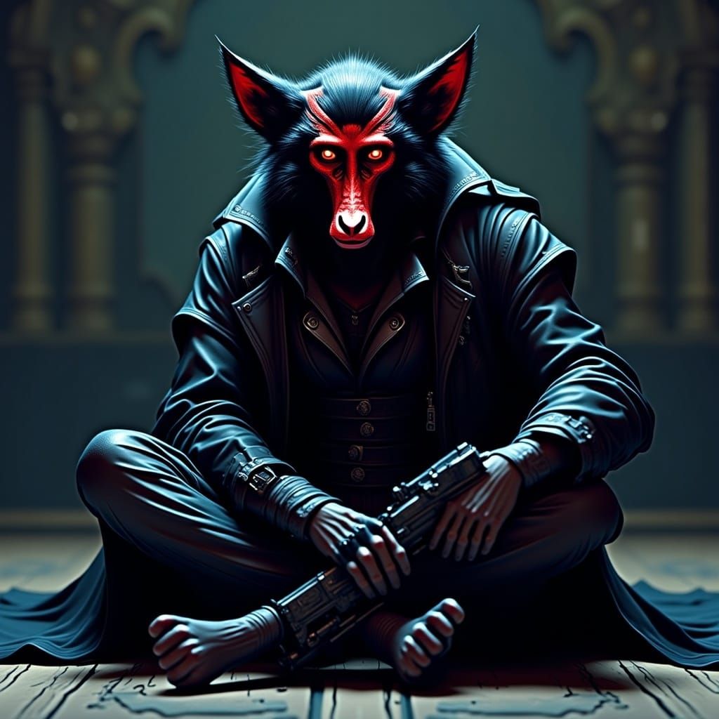 Villainous Fox-Monkey Hybrid in Red Oni Mask, Holding High-T...