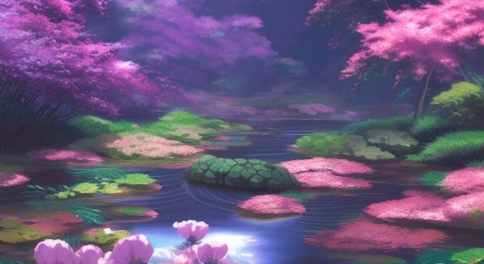 Anime Forest Stream with Flowers and Fish