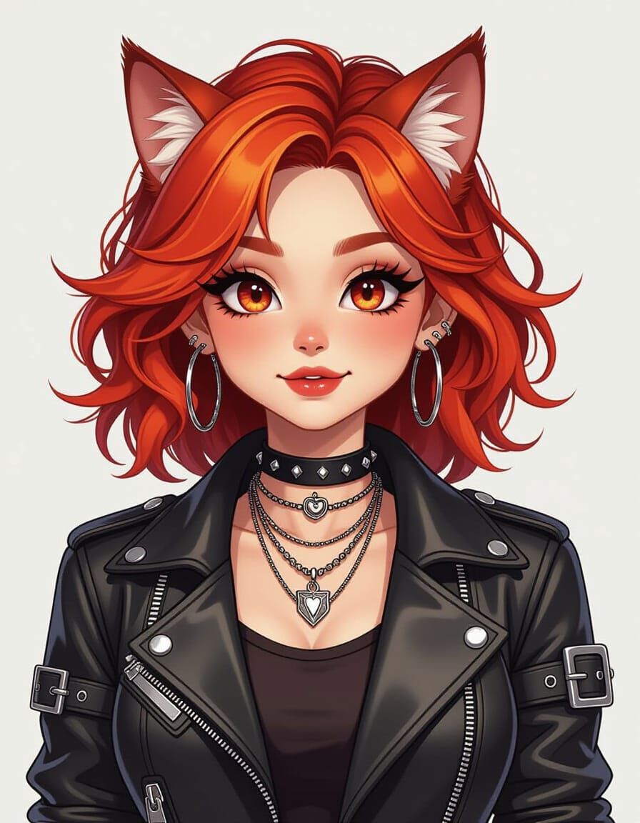 Anime Cat-Girl with Red Hair and Leather Jacket