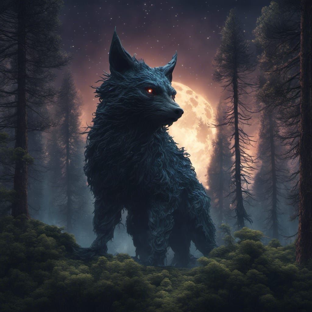 Eerie Creature in Pine Forest at Night