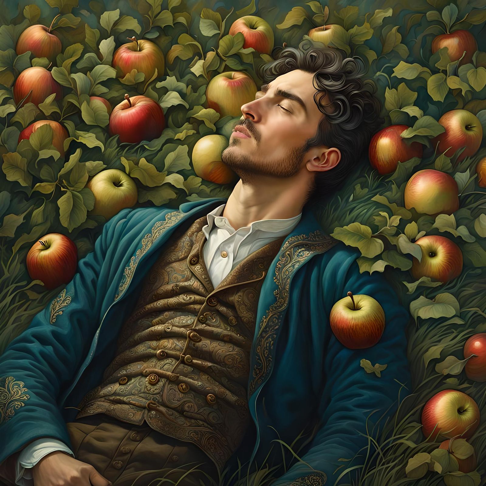Young Isaac Newton - fell asleep on a meadow, under an apple tree -