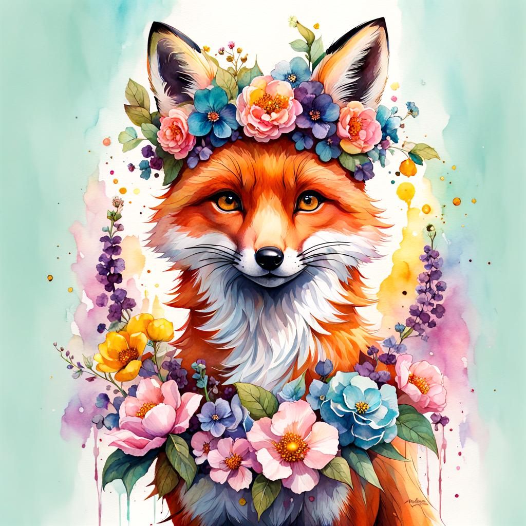 Watercolor Fox with Flower Crown Illustration