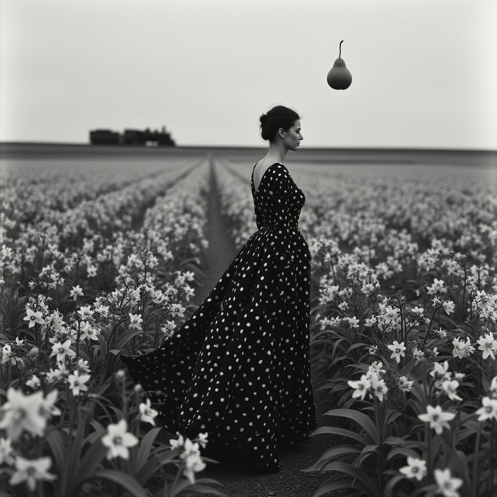 Elegant Woman in Polka Dot Dress with Pear and Train