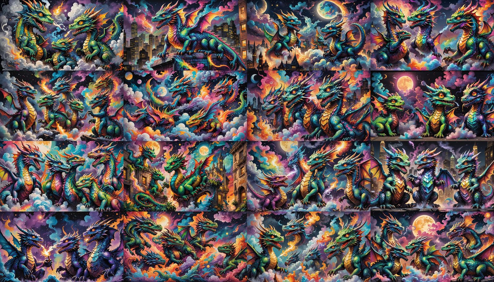 Prismatic Baby Dragons Smoking in Graffiti Art Style