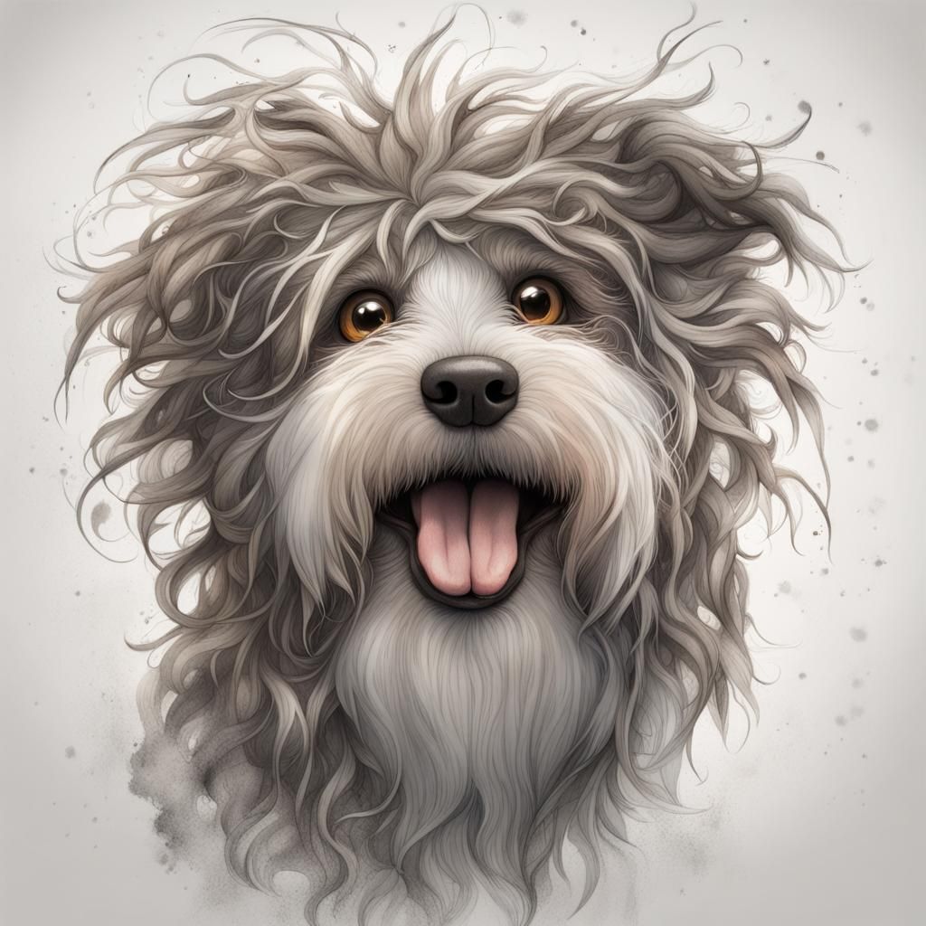 Happy Shaggy Dog Pencil Drawing for Children