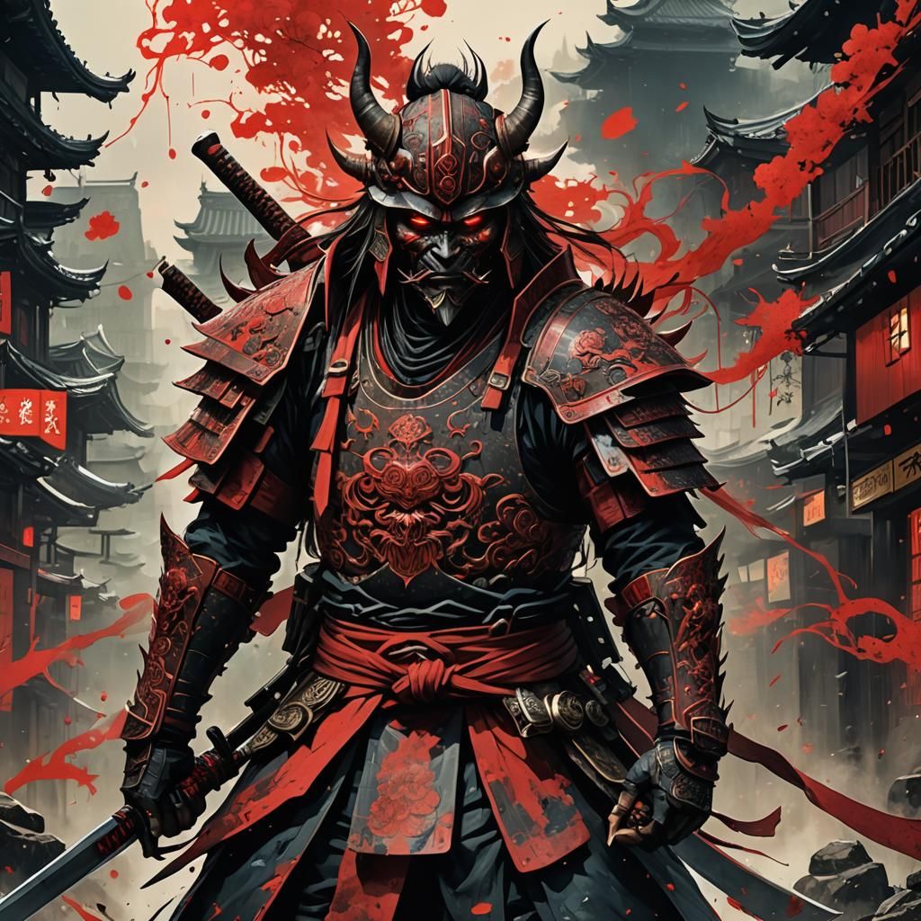 Luminous Demon Samurai in Watercolor Style