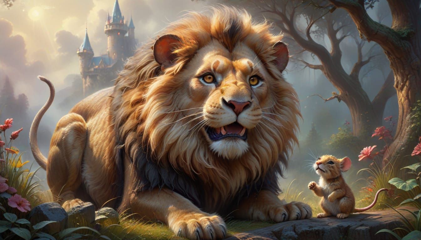 Giant Mouse Versus Dwarf Lion in Oil Painting Style