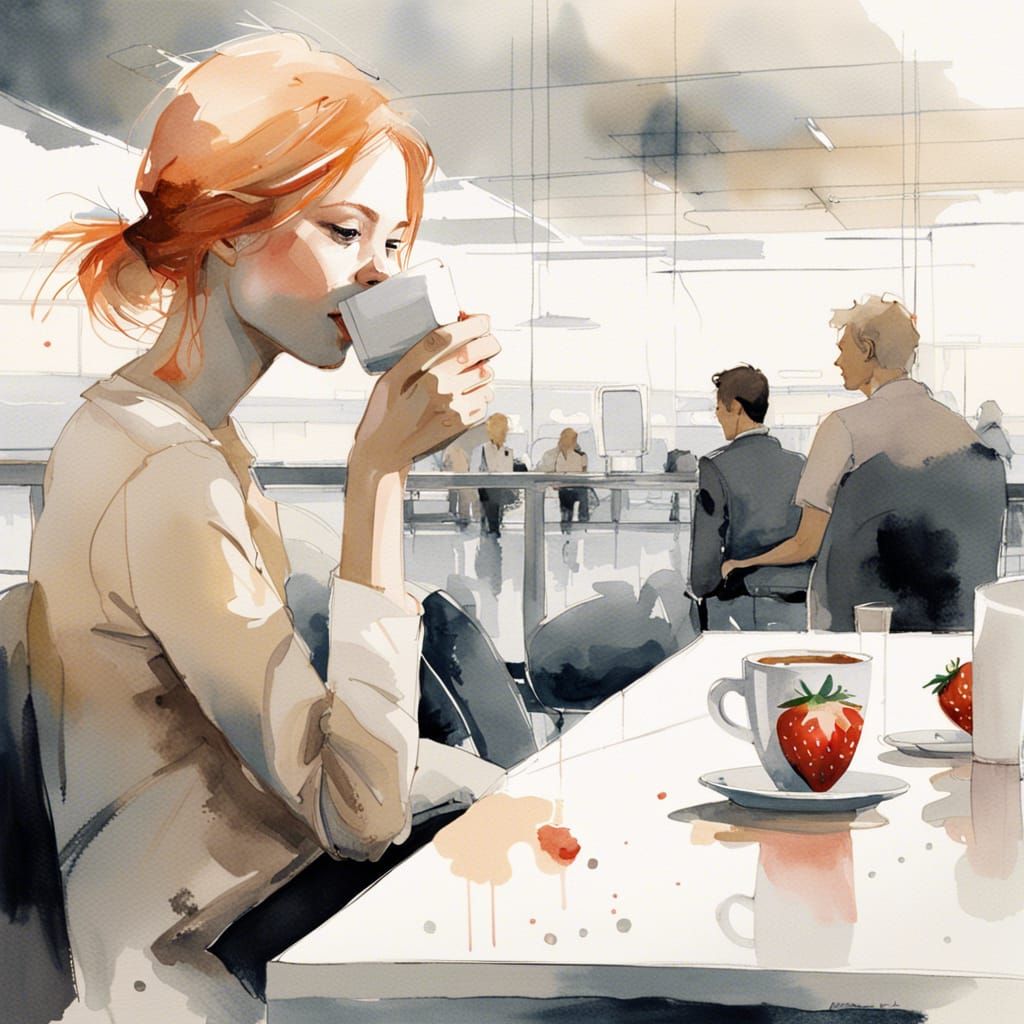 Strawberry Blonde Woman Drinking Coffee: Watercolour Art