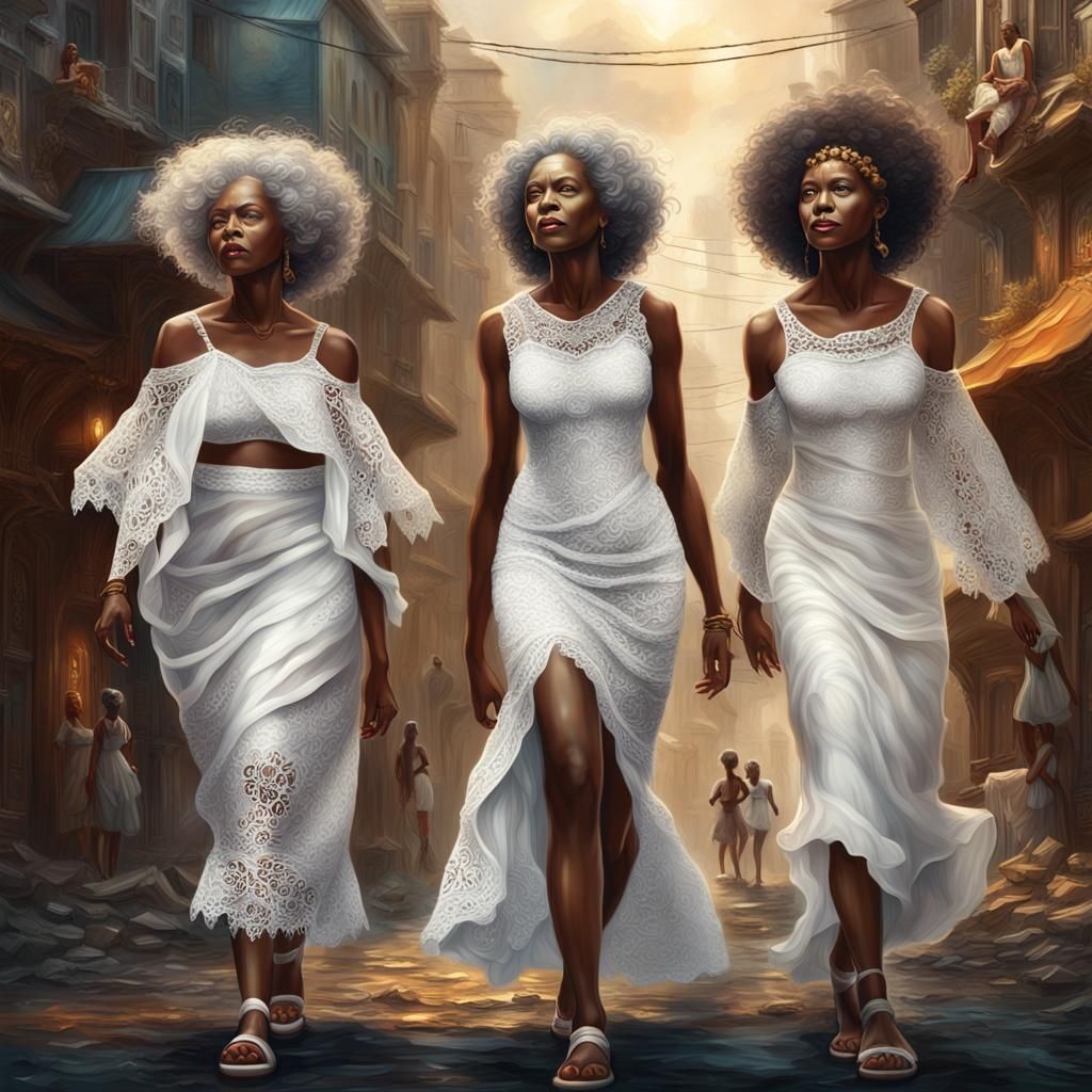 Three Women in White: Surreal Urban Fantasy Oil Painting