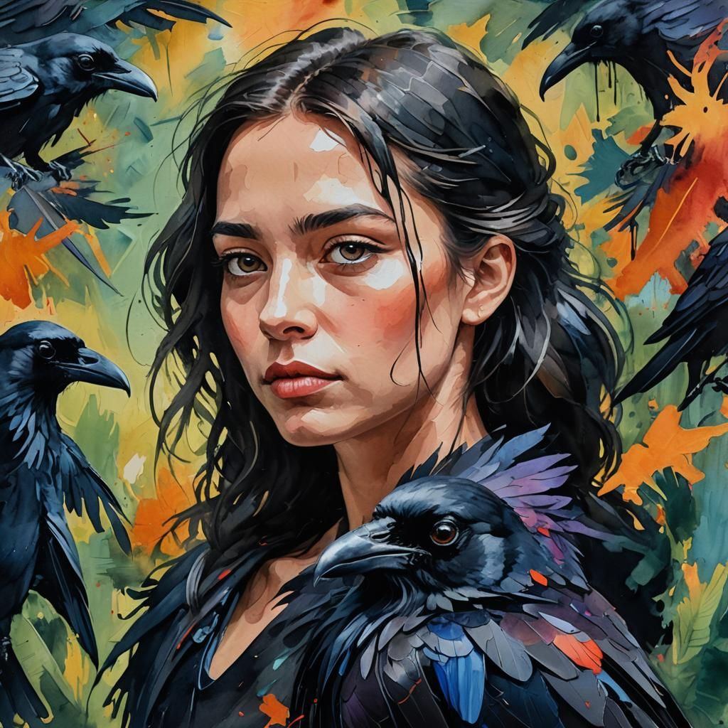 Girl with Raven: Gouache Portrait in Old Master Style